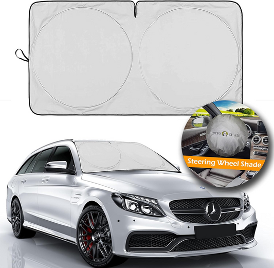 Car Windshield Sunshade with Incidental Steering Wheel Sun Shade, 210T Reflective Sunshades Blocks Heat and Sun, Foldable Sun Shield for Car Windshield Keeps Your Vehicle Cool (Small 59 x 31 inches)