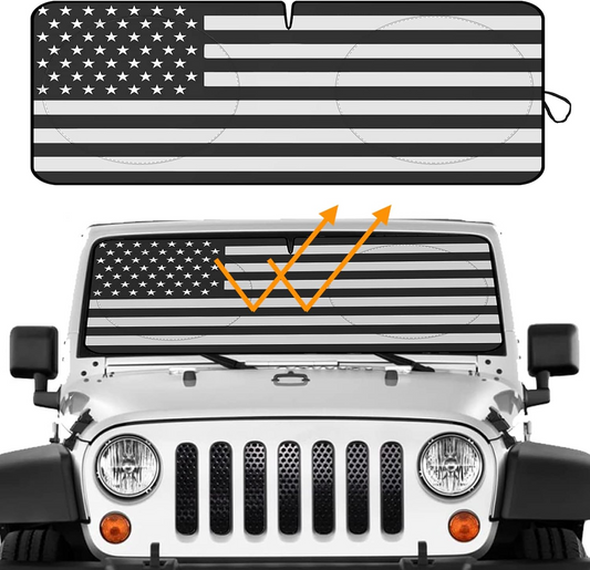 Big Hippo American Flag Windshield Sunshade for 2007-2022 Wrangler Rubicon Sahara TJ JK JKU 2 & 4 Door (Black-Ⅱ)