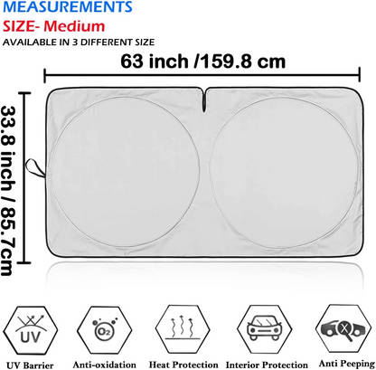 Car Windshield Sunshade, with Incidental Steering Wheel Sun Shade, 210T Reflective Sunshades Blocks Heat and Sun, Foldable Sun Shield for Car Windshield Keeps Vehicle Cool (Medium 63 x 33.8 inches)