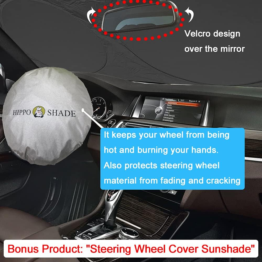 Car Windshield Sunshade, with Incidental Steering Wheel Sun Shade, 210T Reflective Sunshades Blocks Heat and Sun, Foldable Sun Shield for Car Windshield Keeps Vehicle Cool (Medium 63 x 33.8 inches)