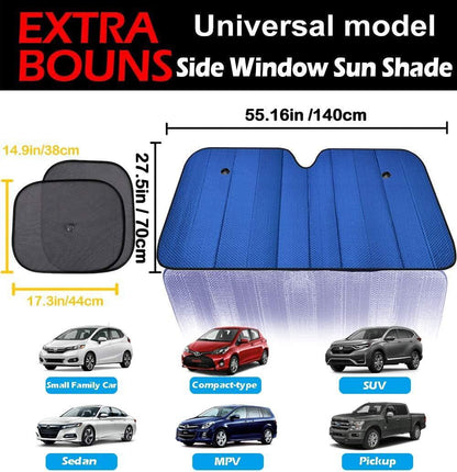 Big HippoWindshield Sun Shade,Car Sun Shade Side Window as Bonus,Car Sunshade Windshield,Reflect Sunlight Heat and UV Rays, Protect Car Interior,Keep Vehicle Cool,Silver/Blue(55.16X 27.5inches)