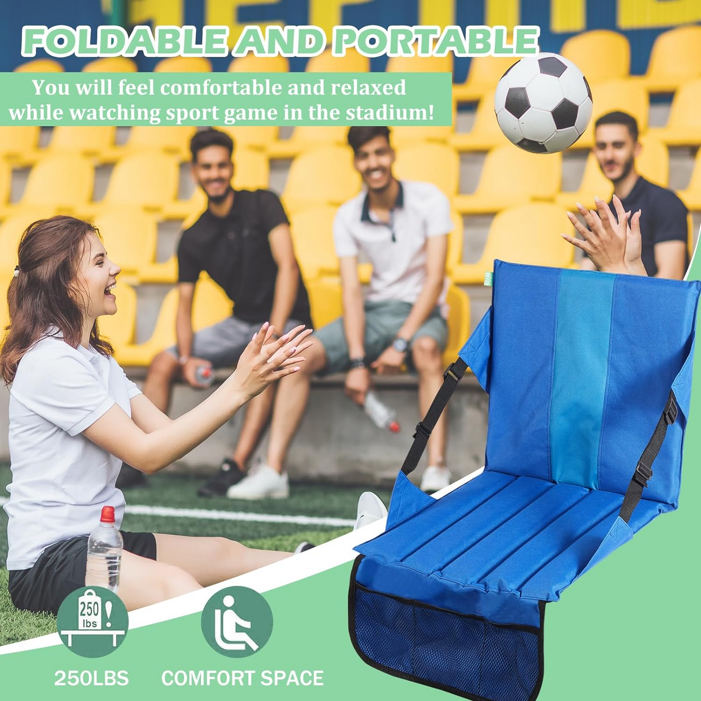 Big Hippo Portable Stadium Seat Cushion, Stadium Seat for bleachers, Lightweight Padded Seat for Sporting Events and Outdoor Concerts, Folded Stadium Seats with Mesh Pocket - Blue