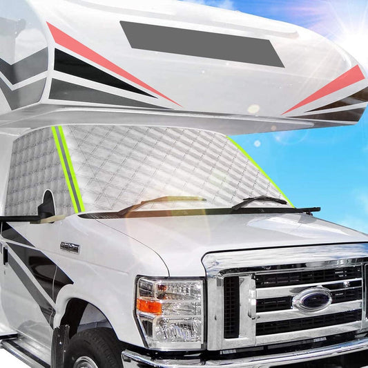 Big Hippo Windshield Cover RV Window Sunshade Cover for Class C Ford E450 1997-2024 Motorhome, UV Block Offer Complete Privacy with Reflective Strips RV Accessories 4 Layers with Mirror Cutouts Silver