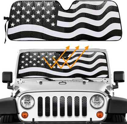 Big Hippo American Flag Windshield Sunshade for 2007-2023 Wrangler Rubicon Sahara TJ JK JKU 2 & 4 Door Car Sun Shade Sun Visor Protector Blocks UV Rays and Keep Vehicle Cool (Black)