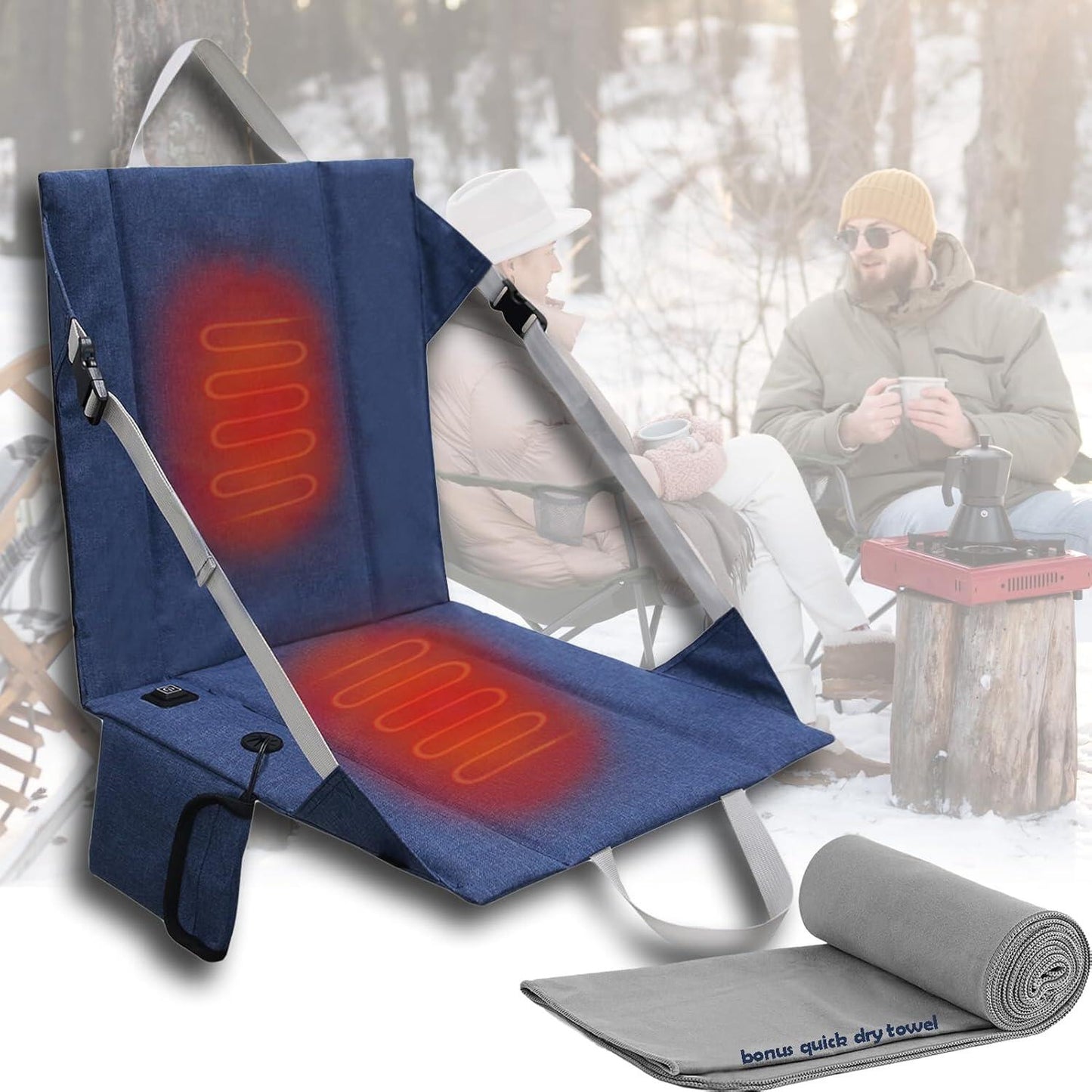 Big Hippo Heated Stadium Seats for Bleachers, 3 Levels Heating Stadium Seating for Bleachers Seat with Quick Dry Towel, Portable Folded Stadium Chair for Sporting Events and Outdoor Concerts - Blue