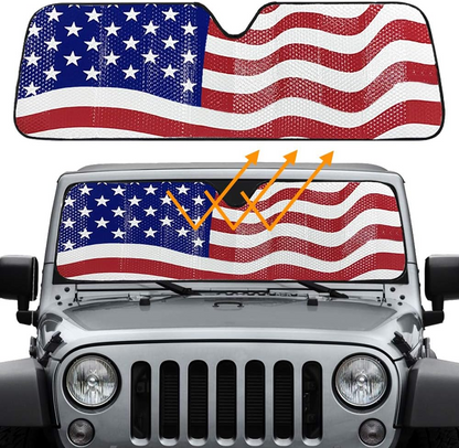 Big Hippo Windshield Sun Shade, American Flag Sun Shade for 2007-2023 Wrangler Rubicon Sahara TJ JK JKU 2 & 4 Door- Car Sun Shade Keeps Vehicle Cool Sun Visor Protector