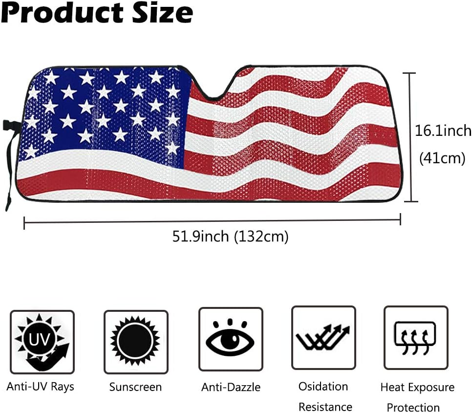 Big Hippo Windshield Sun Shade, American Flag Sun Shade for 2007-2023 Wrangler Rubicon Sahara TJ JK JKU 2 & 4 Door- Car Sun Shade Keeps Vehicle Cool Sun Visor Protector