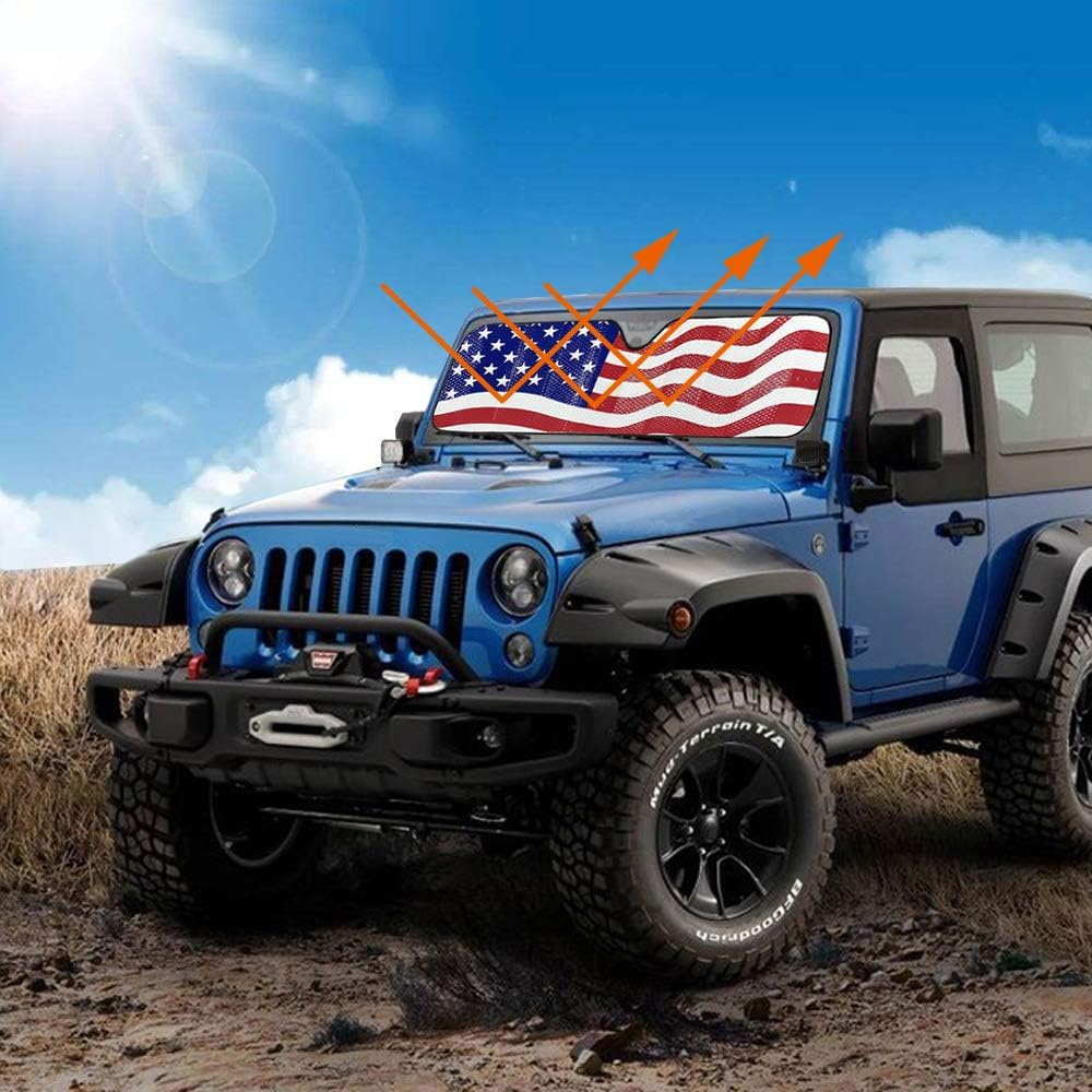 Big Hippo Windshield Sun Shade, American Flag Sun Shade for 2007-2023 Wrangler Rubicon Sahara TJ JK JKU 2 & 4 Door- Car Sun Shade Keeps Vehicle Cool Sun Visor Protector