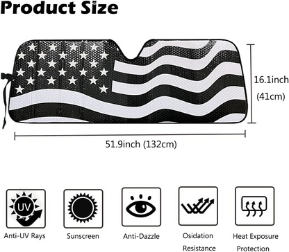 Big Hippo American Flag Windshield Sunshade for 2007-2023 Wrangler Rubicon Sahara TJ JK JKU 2 & 4 Door Car Sun Shade Sun Visor Protector Blocks UV Rays and Keep Vehicle Cool (Black)