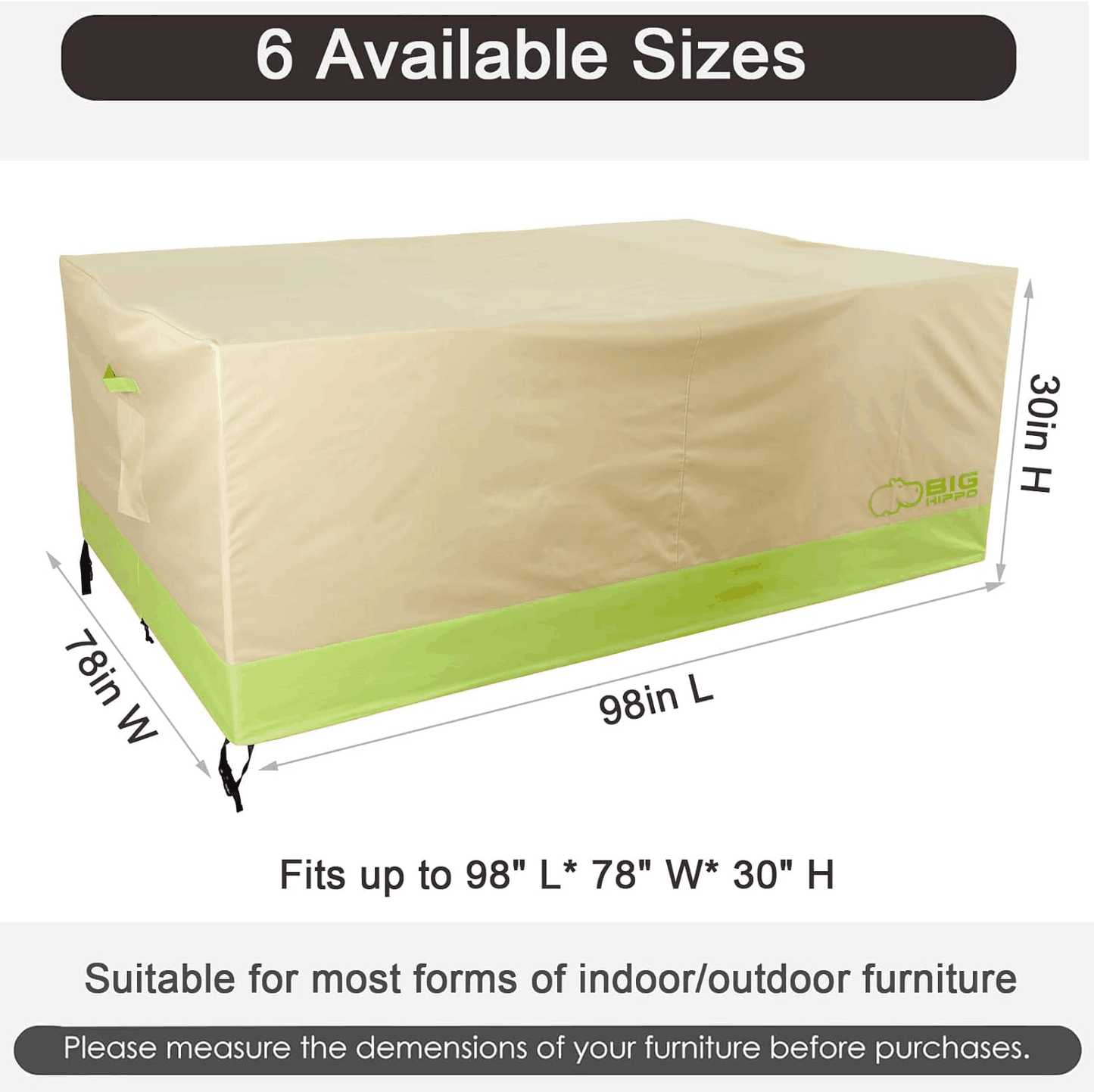 Big Hippo Patio Furniture Covers, Heavy Duty 600D Outdoor Furniture Cover, Waterproof Rectangular Patio Dining Table and Chairs Cover, 98L x 78W x 30H inch