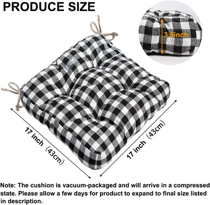 Big Hippo Chair Cushion Buffalo Check Chair Pad for Indoor/Dining/Kitchen Chairs Seat Cushion with Ties Tufted Chair Cushion Pad 17"x17" (1 Pack, Black and White Plaid)