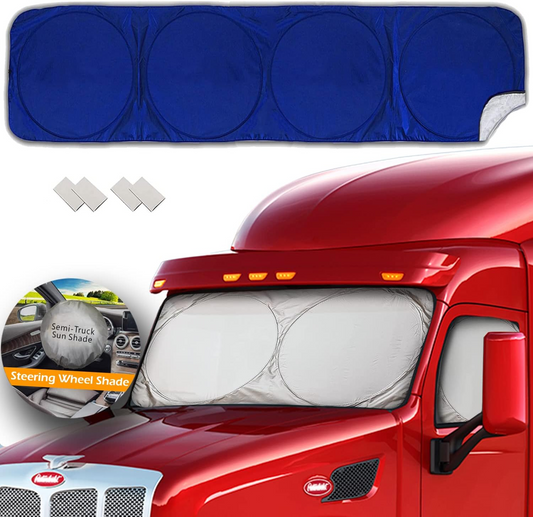 Semi Truck Car Windshield Sunshade with Bonus Steering Wheel Cover, 240T Reflective Sunshades Blocks Heat and Sun, Folding Sun Shield for Windshield Side Windows Keep Cool (XL 163.5 x 36 inches)