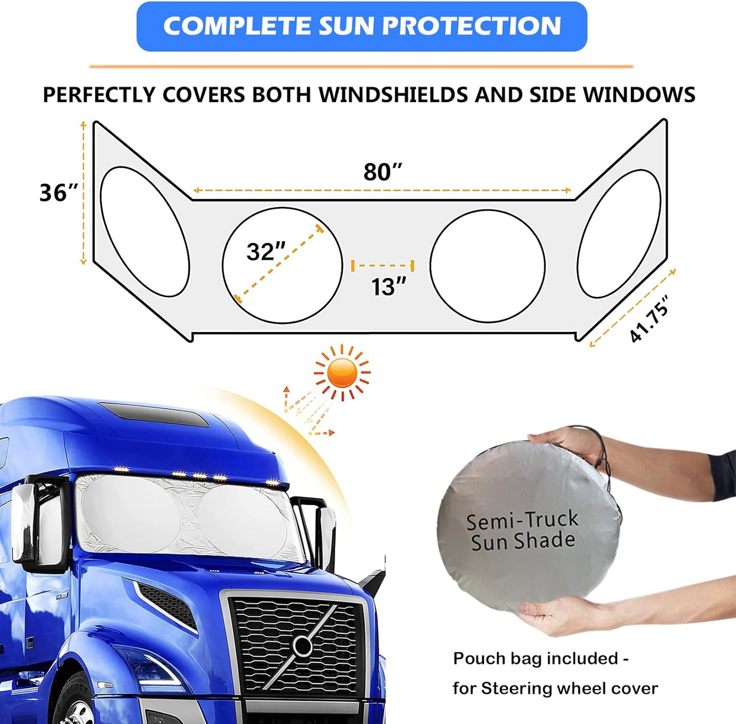 Semi Truck Car Windshield Sunshade with Bonus Steering Wheel Cover, 240T Reflective Sunshades Blocks Heat and Sun, Folding Sun Shield for Windshield Side Windows Keep Cool (XL 163.5 x 36 inches)