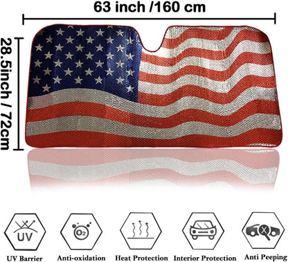 Big Hippo Sun Shade, Windshield Sun Shade American Flag Sunshades Keep Vehicle Cool Protect Your Car from Sun Heat & Glare Best UV Ray Visor Protector(Size: 63"X 28.5")