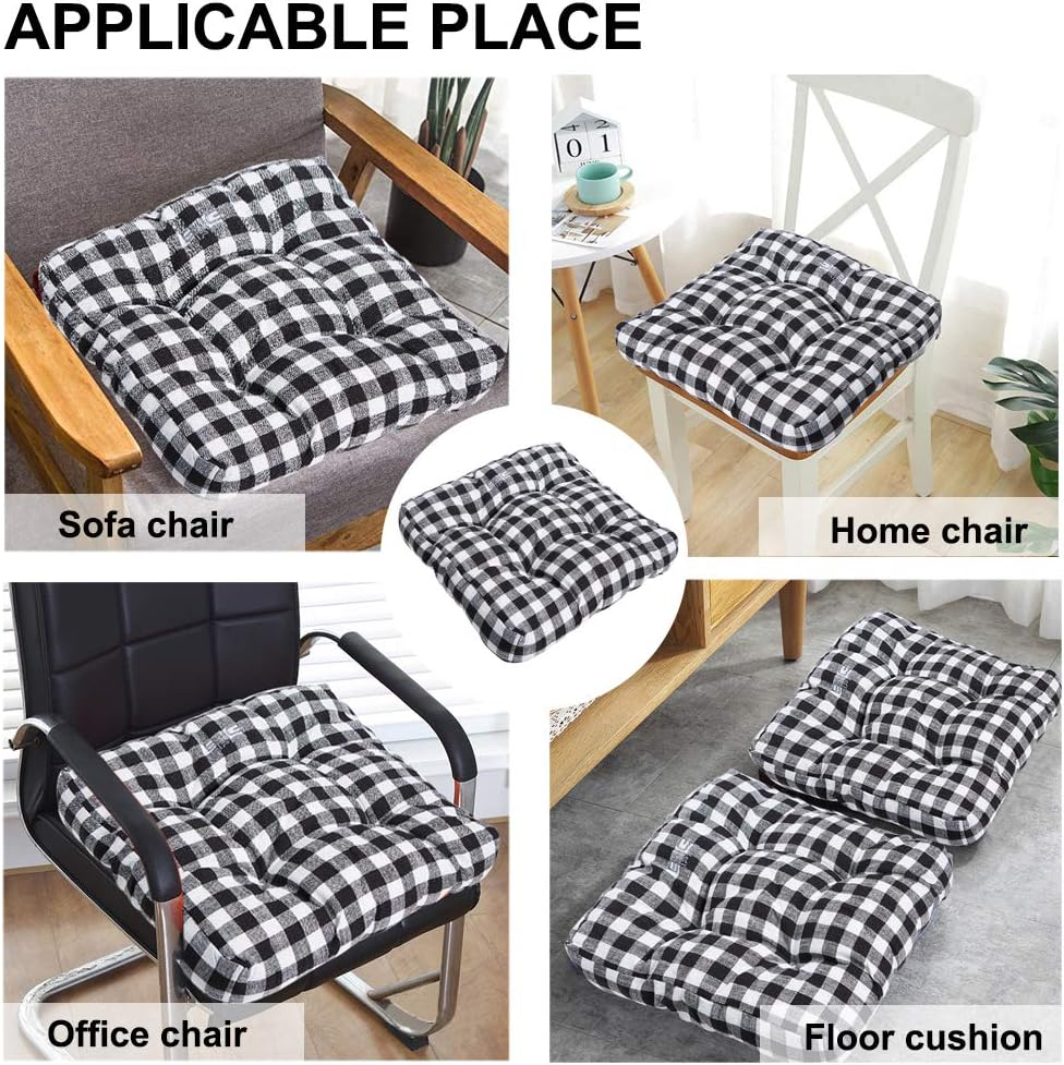 Big Hippo Chair Cushion Buffalo Check Chair Pad for Indoor/Dining/Kitchen Chairs Seat Cushion with Ties Tufted Chair Cushion Pad 17"x17" (1 Pack, Black and White Plaid)