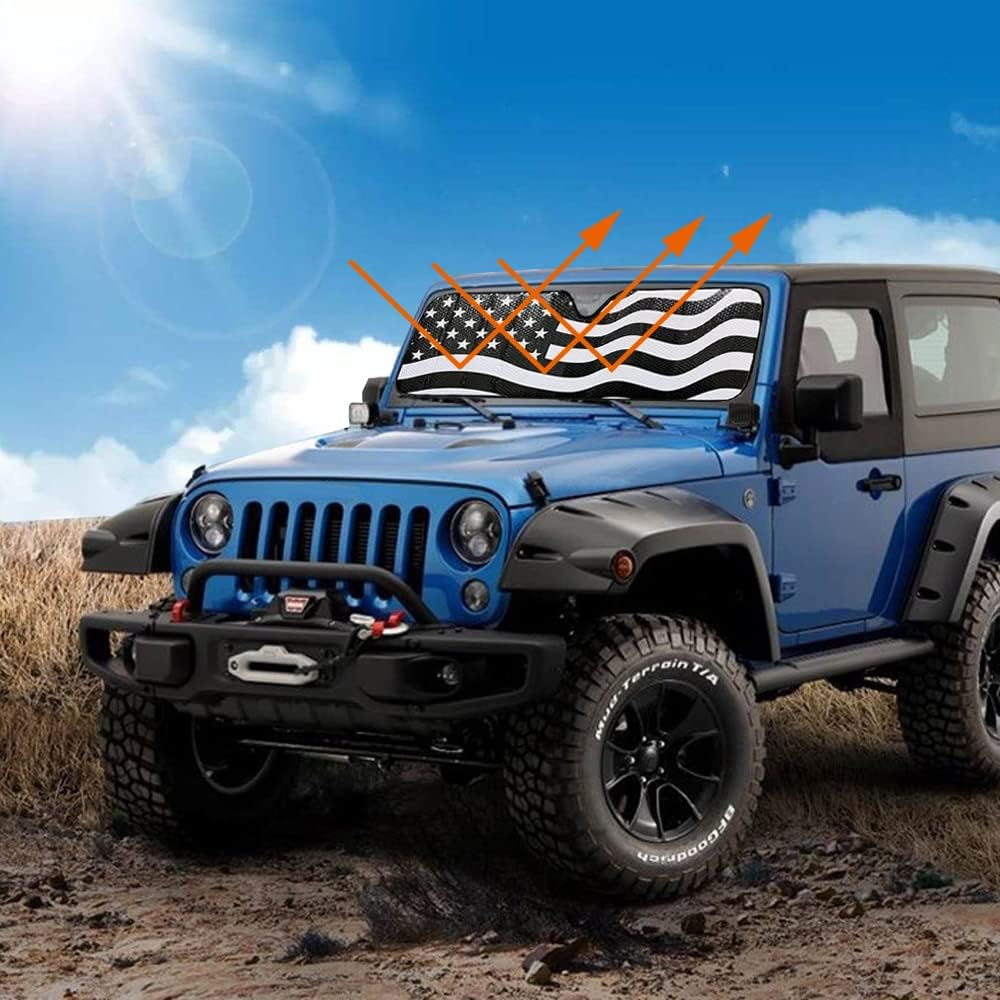 Big Hippo American Flag Windshield Sunshade for 2007-2023 Wrangler Rubicon Sahara TJ JK JKU 2 & 4 Door Car Sun Shade Sun Visor Protector Blocks UV Rays and Keep Vehicle Cool (Black)