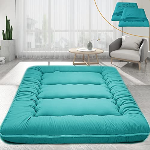 Big Hippo Japanese Floor Mattress, Bonus 2 Pack Washable Mattress Protector, Japanese Futon Mattress Foldable Mattress, Roll Up Mattress Tatami Mat, Portable for Camping, Turquoise, Full Size