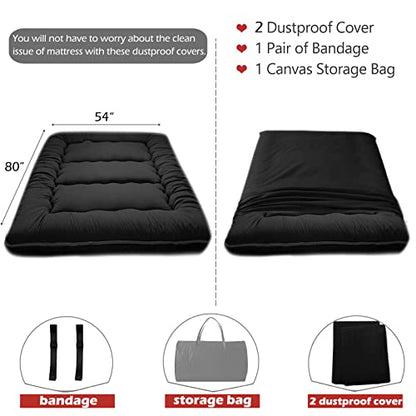 Big Hippo Japanese Floor Mattress, Bonus 2 Pack Washable Mattress Protector, Japanese Futon Mattress Foldable Mattress, Roll Up Mattress Tatami Mat, Portable for Camping, Black, Full Size