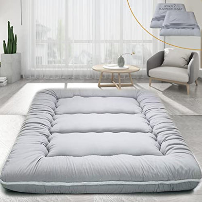 Big Hippo Japanese Floor Mattress, Bonus 2 Pack Washable Mattress Protector, Japanese Futon Mattress Foldable Mattress, Roll Up Mattress Tatami Mat, Easy to Store Portable for Camping, Gray, Full Size