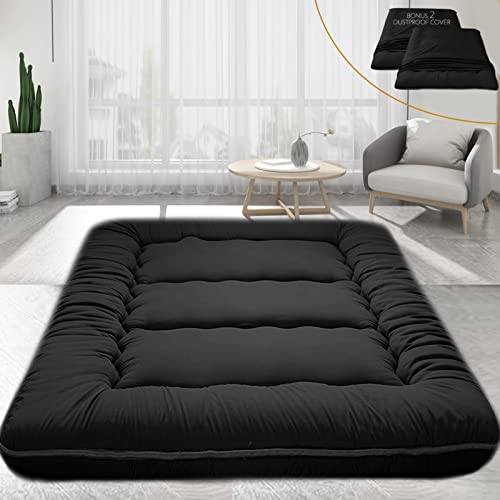 Big Hippo Japanese Floor Mattress, Bonus 2 Pack Washable Mattress Protector, Japanese Futon Mattress Foldable Mattress, Roll Up Mattress Tatami Mat, Portable for Camping, Black, Full Size