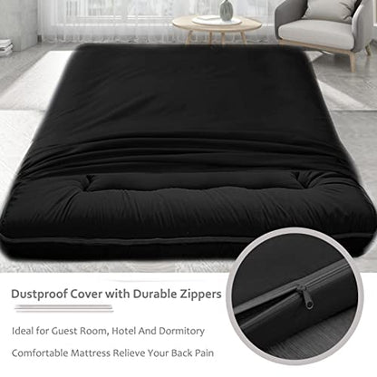 Big Hippo Japanese Floor Mattress, Bonus 2 Pack Washable Mattress Protector, Japanese Futon Mattress Foldable Mattress, Roll Up Mattress Tatami Mat, Portable for Camping, Black, Full Size