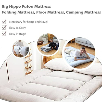 Big Hippo Japanese Floor Mattress, Bonus 2 Pack Washable Mattress Protector, Japanese Futon Mattress Foldable Mattress, Roll Up Mattress Tatami Mat, Easy to Store Portable for Camping, Gray, Full Size