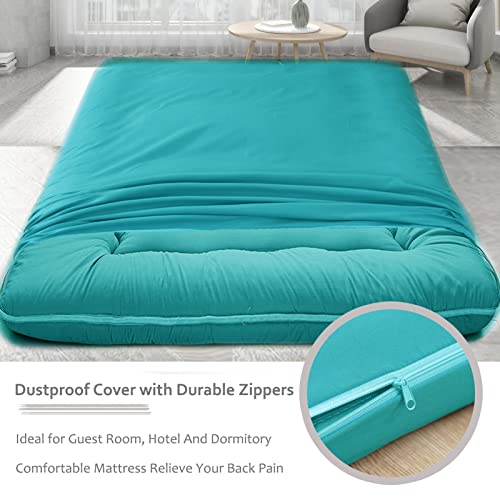 Big Hippo Japanese Floor Mattress, Bonus 2 Pack Washable Mattress Protector, Japanese Futon Mattress Foldable Mattress, Roll Up Mattress Tatami Mat, Portable for Camping, Turquoise, Full Size