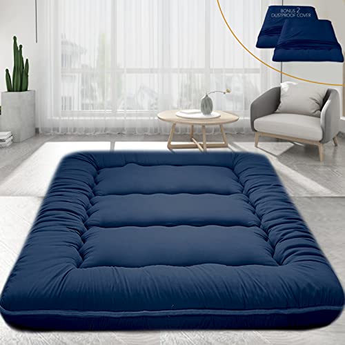 Big Hippo Japanese Floor Mattress, Bonus 2 Pack Washable Mattress Protector, Japanese Futon Mattress Foldable Mattress, Roll Up Mattress Tatami Mat, Portable for Camping, Navy Blue, Full Size