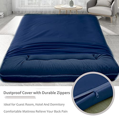 Big Hippo Japanese Floor Mattress, Bonus 2 Pack Washable Mattress Protector, Japanese Futon Mattress Foldable Mattress, Roll Up Mattress Tatami Mat, Portable for Camping, Navy Blue, Full Size