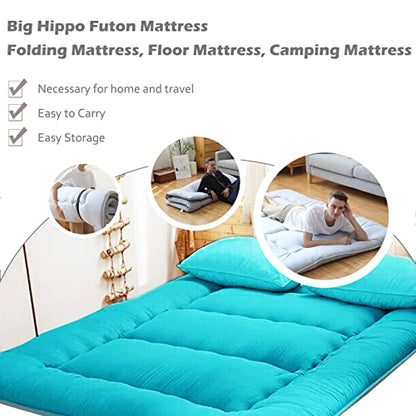 Big Hippo Japanese Floor Mattress, Bonus 2 Pack Washable Mattress Protector, Japanese Futon Mattress Foldable Mattress, Roll Up Mattress Tatami Mat, Portable for Camping, Turquoise, Full Size