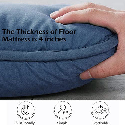 Big Hippo Japanese Floor Mattress, Bonus 2 Pack Washable Mattress Protector, Japanese Futon Mattress Foldable Mattress, Roll Up Mattress Tatami Mat, Portable for Camping, Navy Blue, Full Size