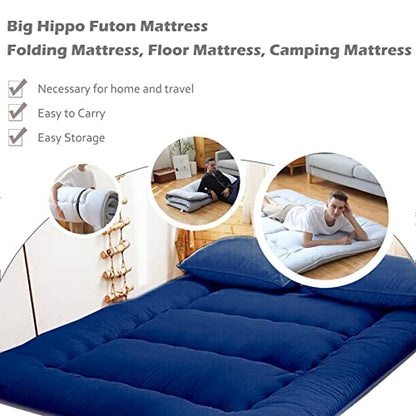 Big Hippo Japanese Floor Mattress, Bonus 2 Pack Washable Mattress Protector, Japanese Futon Mattress Foldable Mattress, Roll Up Mattress Tatami Mat, Portable for Camping, Navy Blue, Full Size