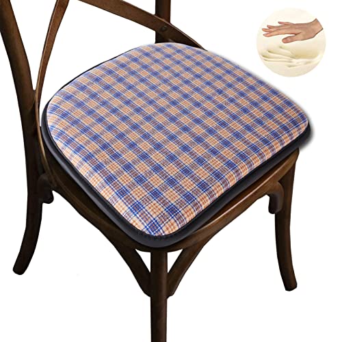 Big Hippo Chair Cushion Memory Foam Pads Non Slip Rubber Back Thicken Chair Padding with Elastic Bands for Home Office Outdoor Seats Checkered Taupe/Blue, Pack of 1