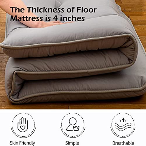 Big Hippo Japanese Floor Mattress, Bonus 2 Pack Washable Mattress Protector, Japanese Futon Mattress Foldable Mattress, Roll Up Mattress Tatami Mat, Easy to Store Portable for Camping, Gray, Full Size