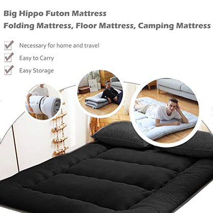 Big Hippo Japanese Floor Mattress, Bonus 2 Pack Washable Mattress Protector, Japanese Futon Mattress Foldable Mattress, Roll Up Mattress Tatami Mat, Portable for Camping, Black, Full Size