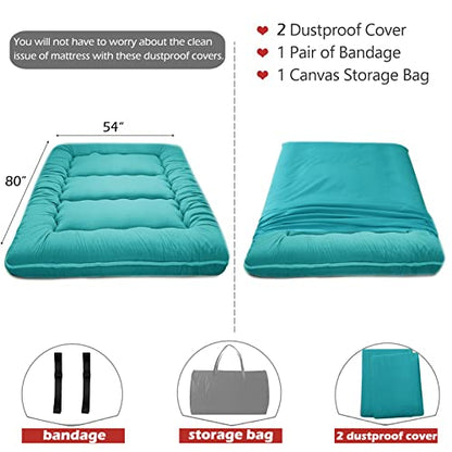 Big Hippo Japanese Floor Mattress, Bonus 2 Pack Washable Mattress Protector, Japanese Futon Mattress Foldable Mattress, Roll Up Mattress Tatami Mat, Portable for Camping, Turquoise, Full Size