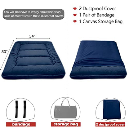 Big Hippo Japanese Floor Mattress, Bonus 2 Pack Washable Mattress Protector, Japanese Futon Mattress Foldable Mattress, Roll Up Mattress Tatami Mat, Portable for Camping, Navy Blue, Full Size